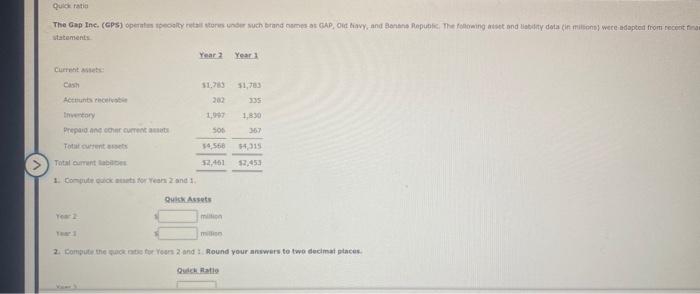 Quick ratio The Gap Inc. (GPS) operates specialty retail stores under such