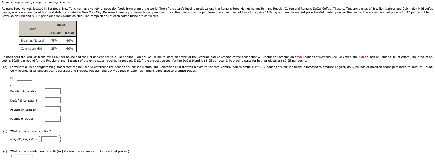 A linear programming computer package is needed. Romans Food Market, located in