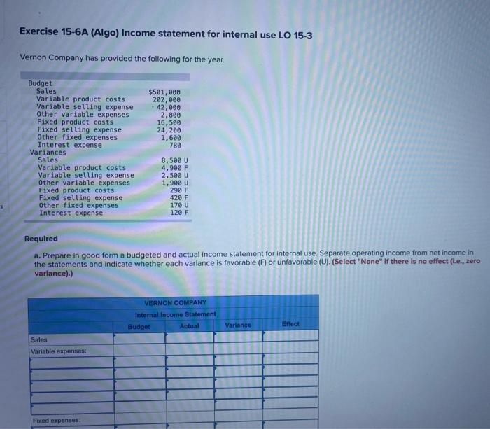 Exercise 15-6A (Algo) Income statement for internal use LO 15-3 Vernon Company