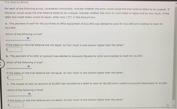 Trial Balance Errors For each of the following errors, considered individually, indicate