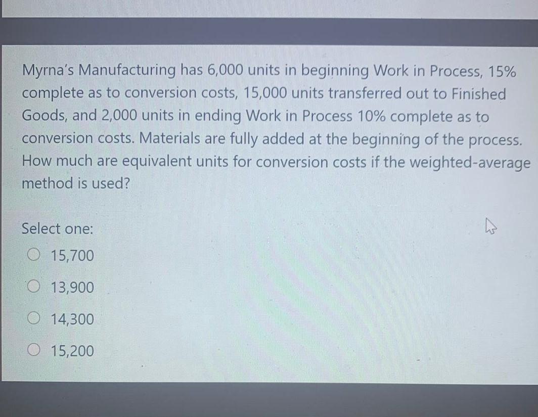 Myrna's Manufacturing has 6,000 units in beginning Work in Process, 15% complete
