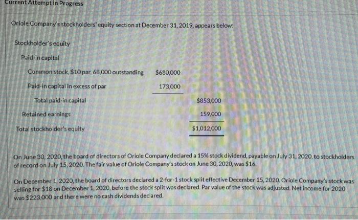 Current Attempt in Progress Oriole Company's stockholders' equity section at December 31,