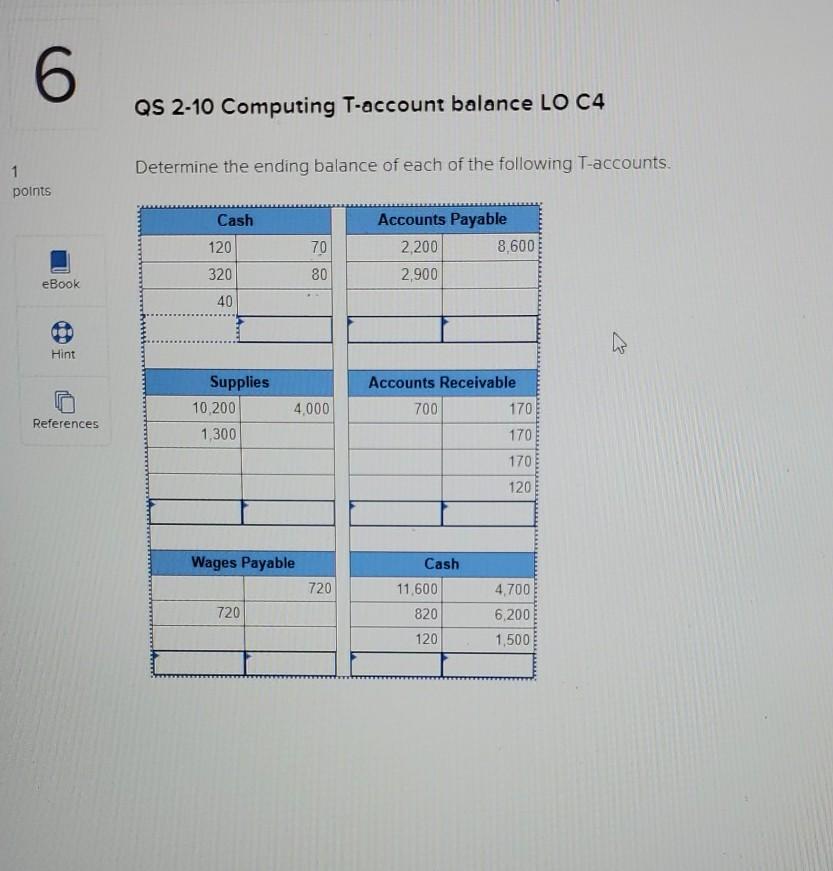 1 6 QS 2-10 Computing T-account balance LO C4 Determine the ending