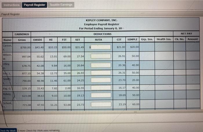 Company for the pay period ending January 8th, 20--. Tasks previously performed