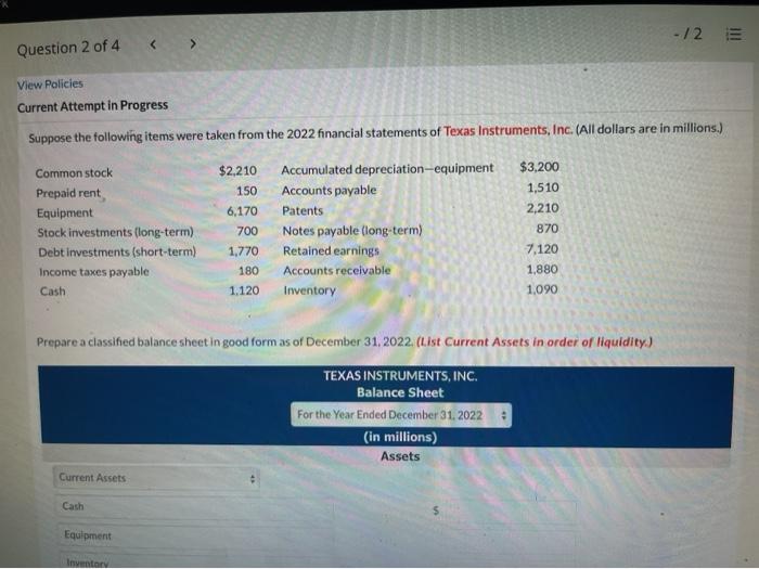 Question 2 of 4 < -12 E View Policies Current Attempt in