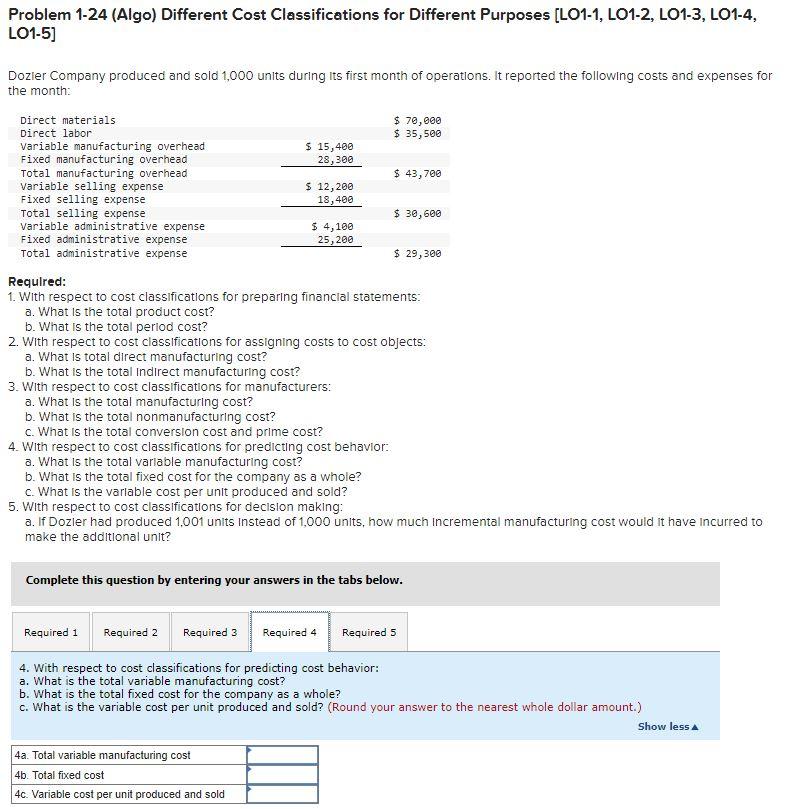 month: Direct materials Direct labor Variable manufacturing overhead Fixed manufacturing overhead $