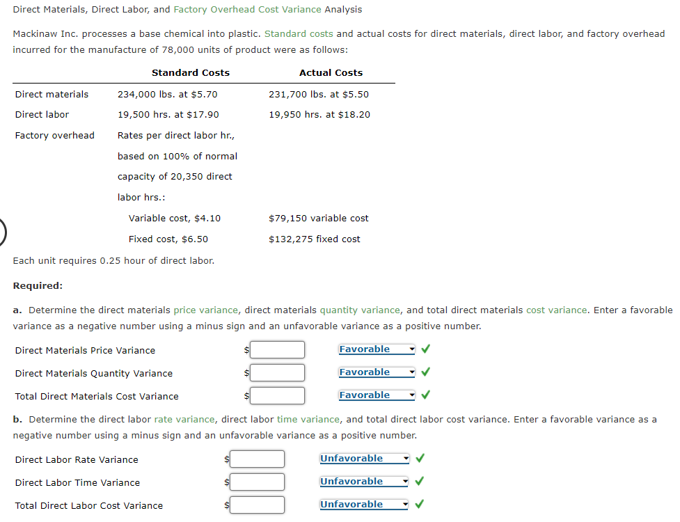 Direct Materials, Direct Labor, and Factory Overhead Cost Variance Analysis Mackinaw Inc.