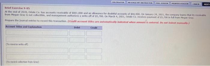 CALCULATOR MESSAGE MY INSTRUCTOR FULL SCREEN PRINTER VERSION BACK NEXT Brief Exercise