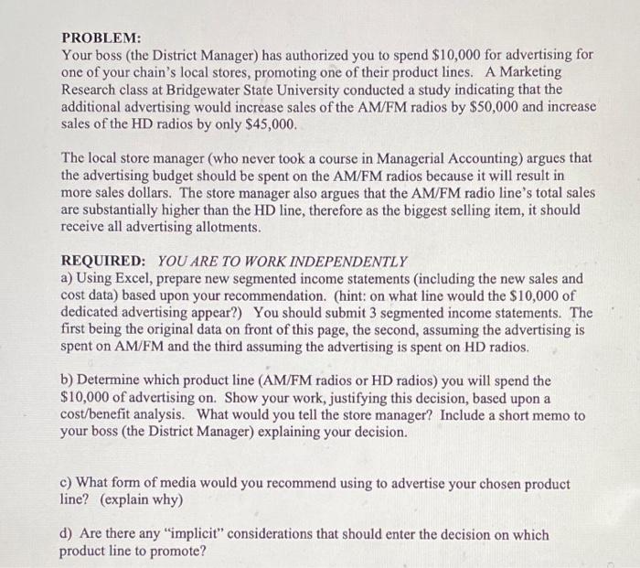 Bear Consumer Electronics Inc. is shown below. Total Department AM/FM radios HD