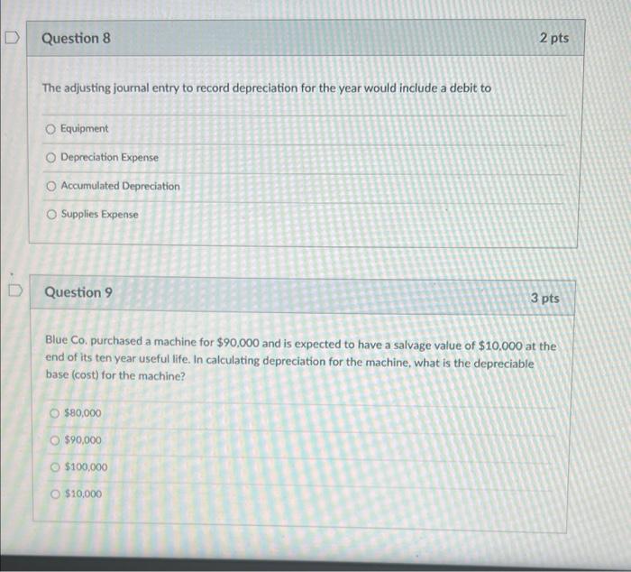 D Question 8 The adjusting journal entry to record depreciation for the