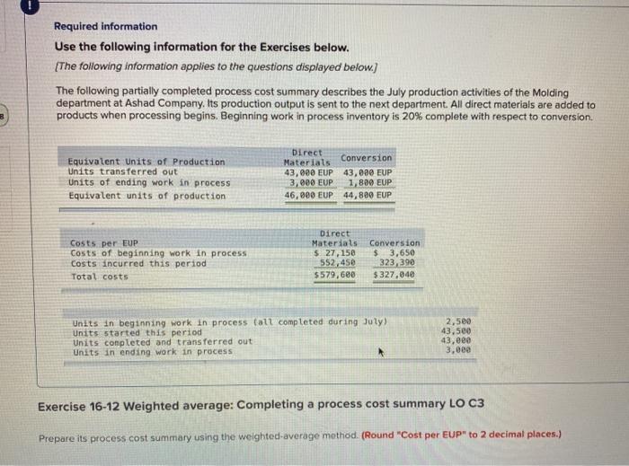 Required information Use the following information for the Exercises below. [The following