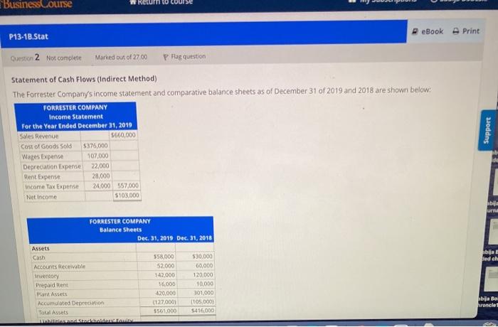BusinessCourse P13-18.Stat Return to Question 2 Not complete Marked out of 27.00