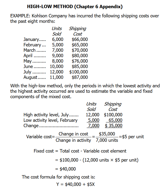HIGH-LOW METHOD (Chapter 6 Appendix) EXAMPLE: Kohlson Company has incurred the following