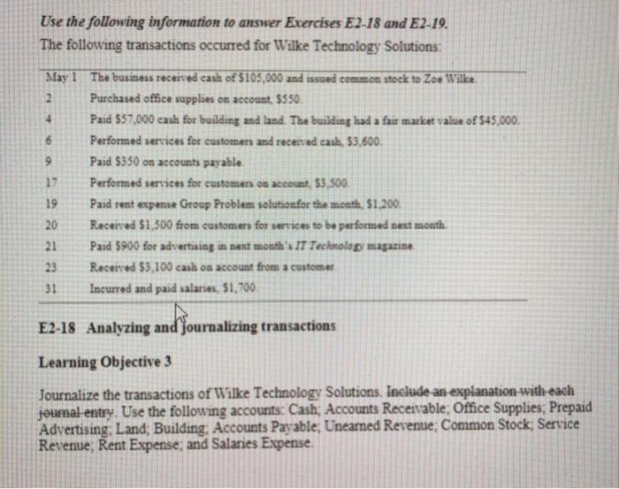 Use the following information to answer Exercises E2-18 and E2-19. The following