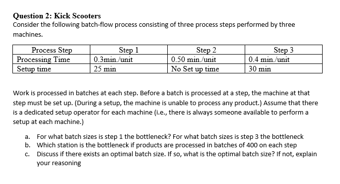 Question 2: Kick Scooters Consider the following batch-flow process consisting of three