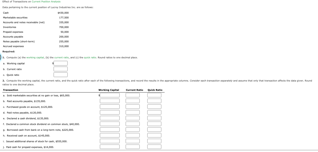 Effect of Transactions on Current Position Analysis Data pertaining to the current