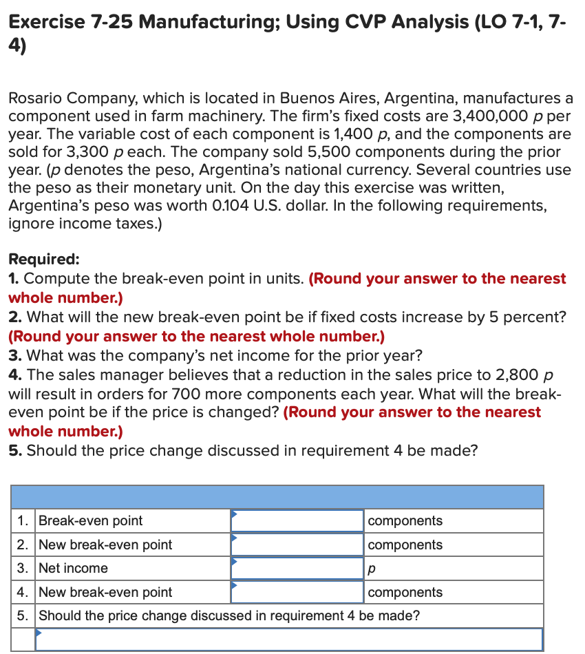 Exercise 7-25 Manufacturing; Using CVP Analysis (LO 7-1, 7- 4) Rosario Company,