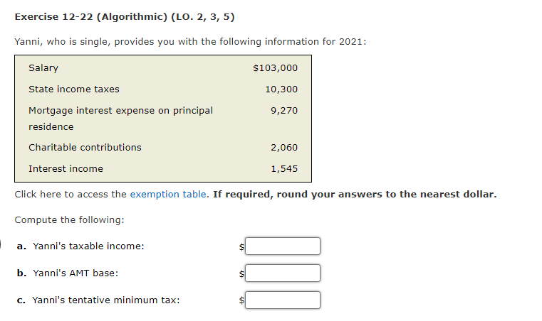 Exercise 12-22 (Algorithmic) (LO. 2, 3, 5) Yanni, who is single, provides