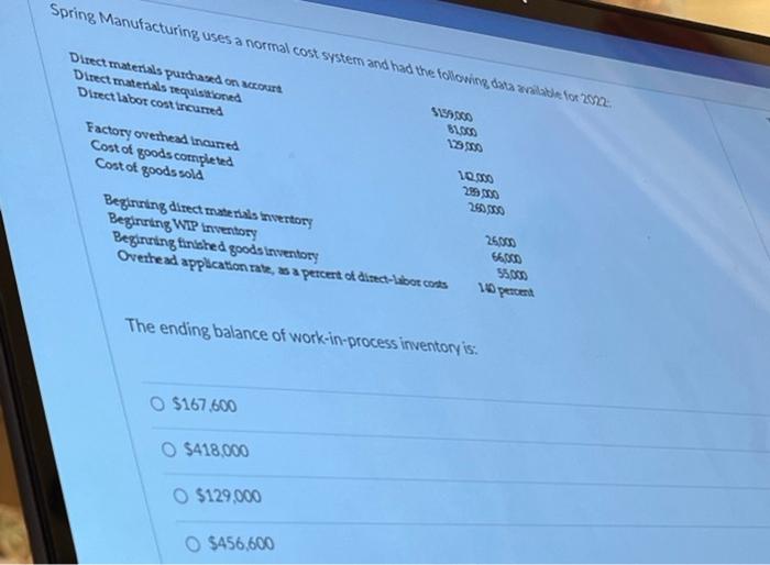 Spring Manufacturing uses a normal cost system and had the following data