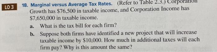 LO3 18. Marginal versus Average Tax Rates. (Refer to Table 2.3.) Corporatio