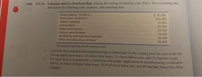 AC L02 E3-3A. Calculate and Use Overhead Rate During the coming accounting
