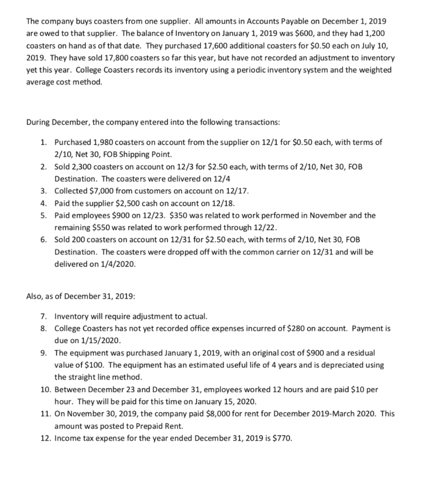 drink coasters. The company's trial balance as of November 30, 2019, follows,