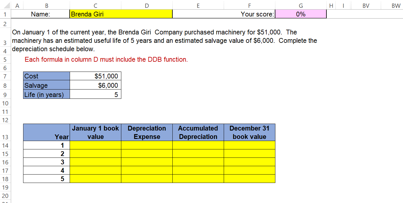 to see your score. 2 Each yellow cell requires a formula. 3