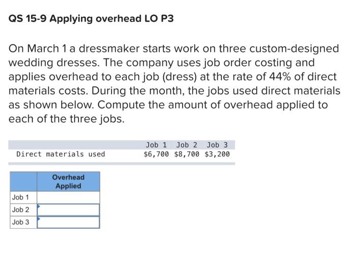 QS 15-9 Applying overhead LO P3 On March 1 a dressmaker starts