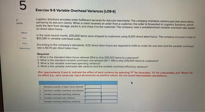 5 2 points oflook Hint Print References Exercise 9-6 Variable Overhead Variances