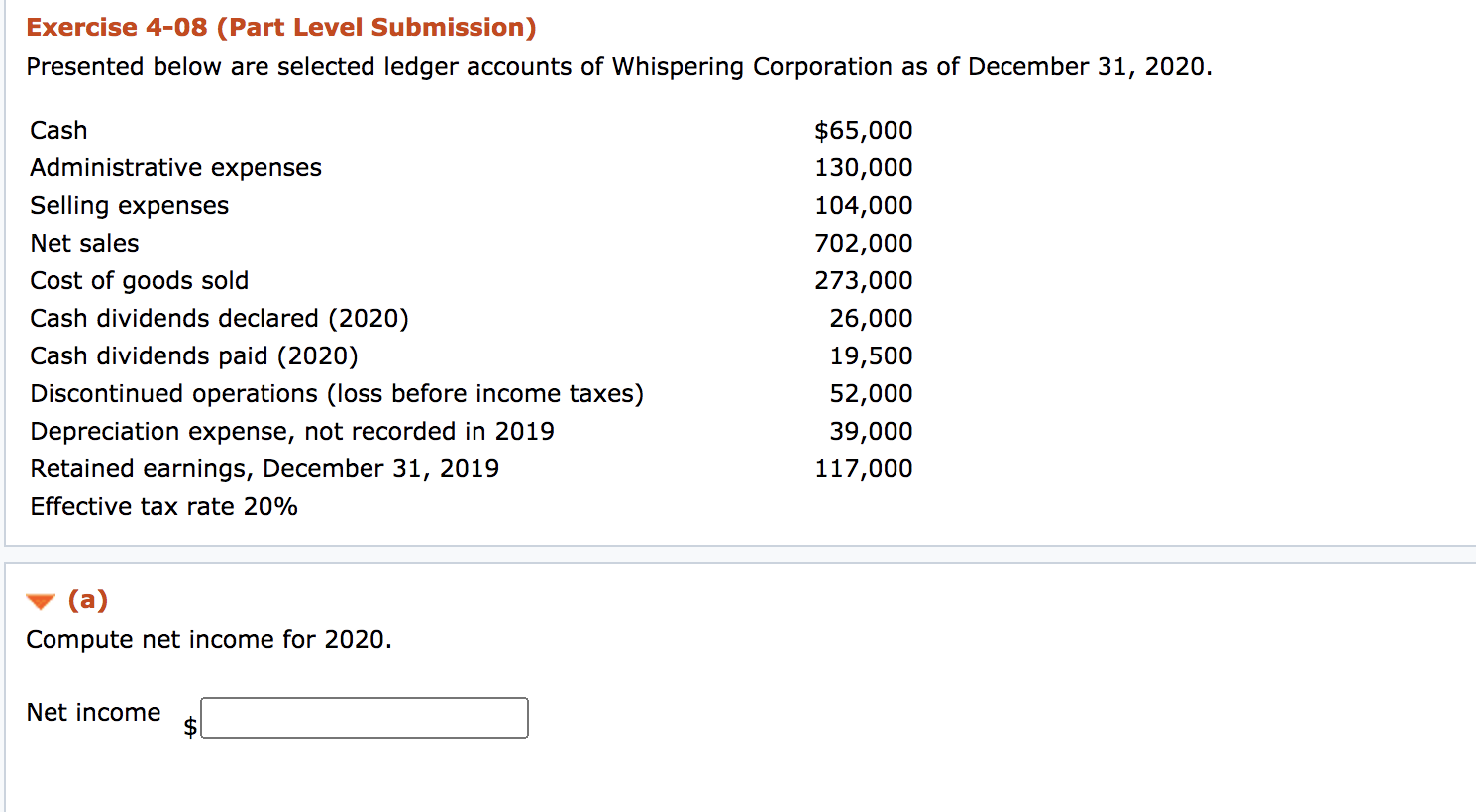 Exercise 4-08 (Part Level Submission) Presented below are selected ledger accounts of
