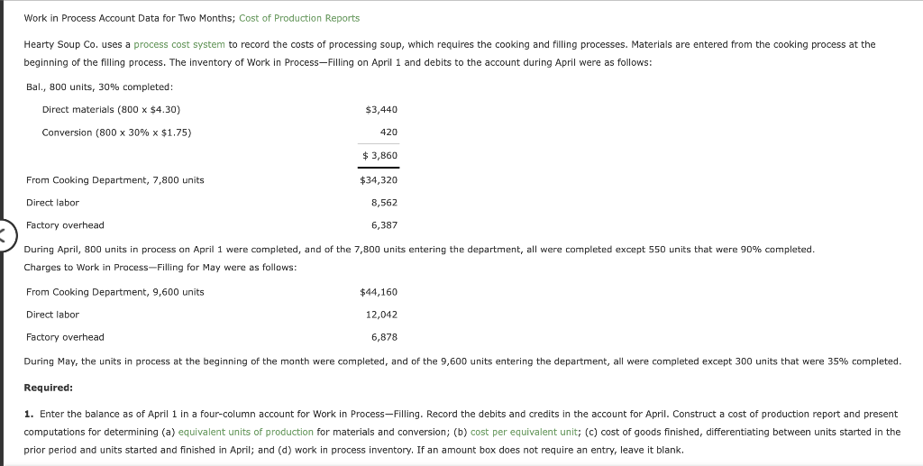 Work in Process Account Data for Two Months; Cost of Production Reports
