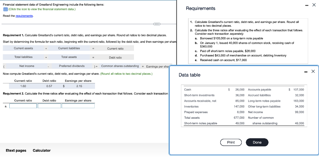 Financial statement data of Greatland Engineering include the following items: (Click the