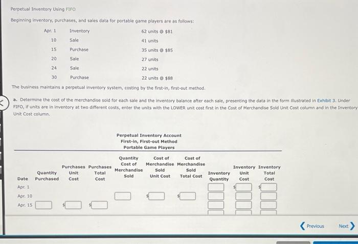 Perpetual Inventory Using FIFO Beginning inventory, purchases, and sales data for portable