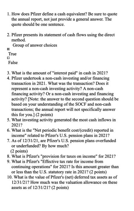 1. How does Pfizer define a cash equivalent? Be sure to quote