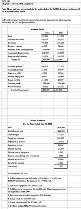 ACC 202 Chapter 12 Open-Ended Assignment Note: Please put your answers only