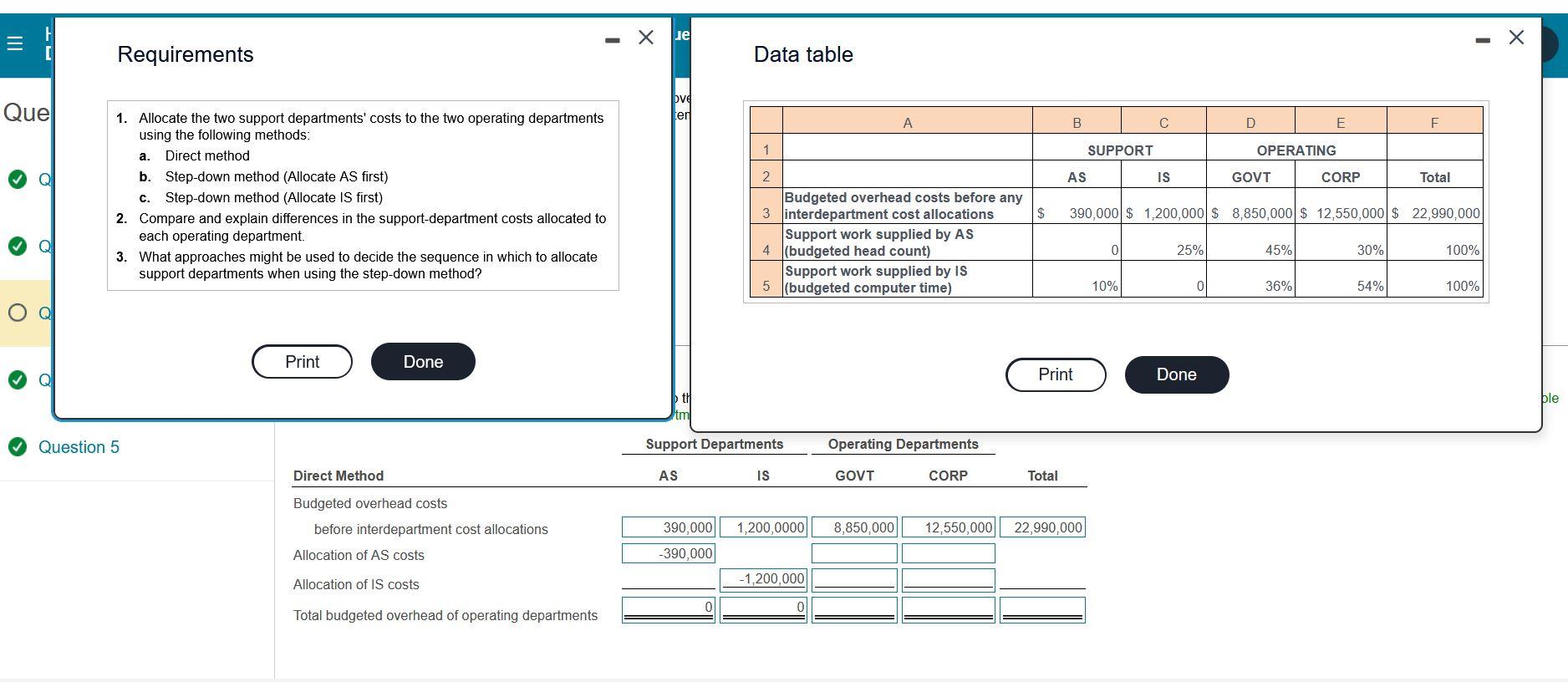 III Que Requirements Je Data table 1. Allocate the two support departments'
