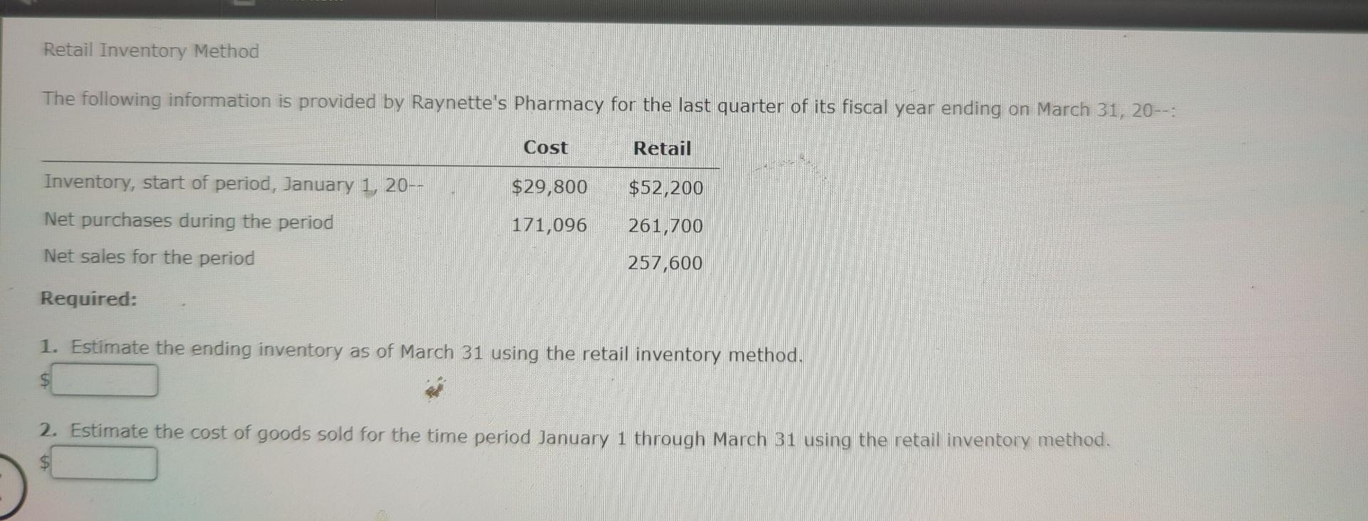 Retail Inventory Method The following information is provided by Raynette's Pharmacy for