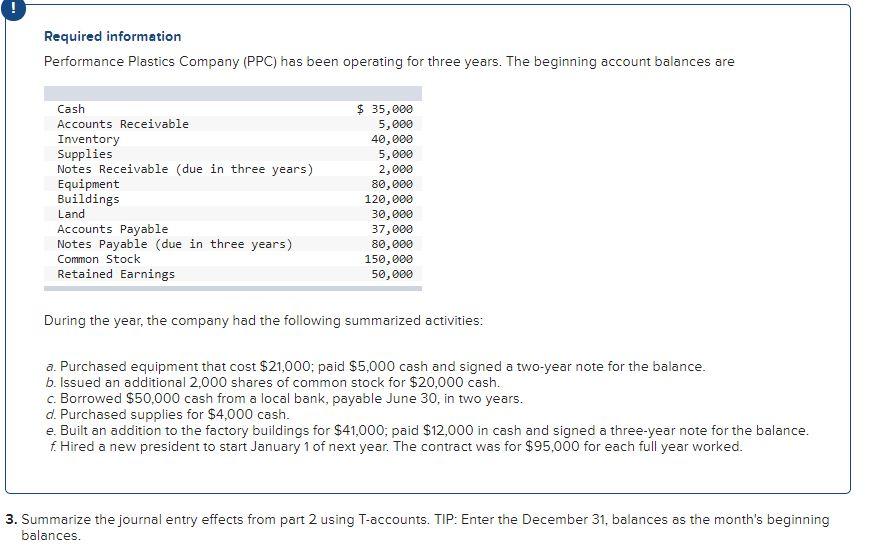 Required information Performance Plastics Company (PPC) has been operating for three years.