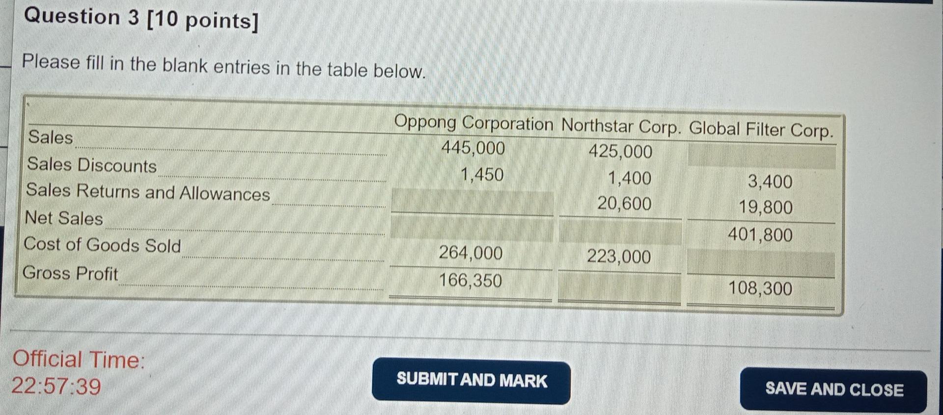 Question 3 [10 points] Please fill in the blank entries in the