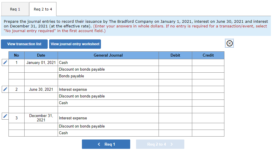 Req 1 Req 2 to 4 Prepare the journal entries to record