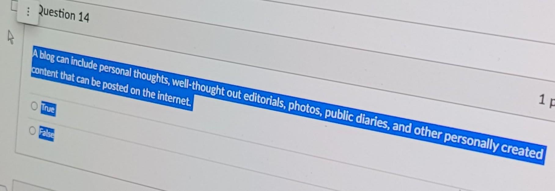 47 Question 14 True O False A blog can include personal thoughts,