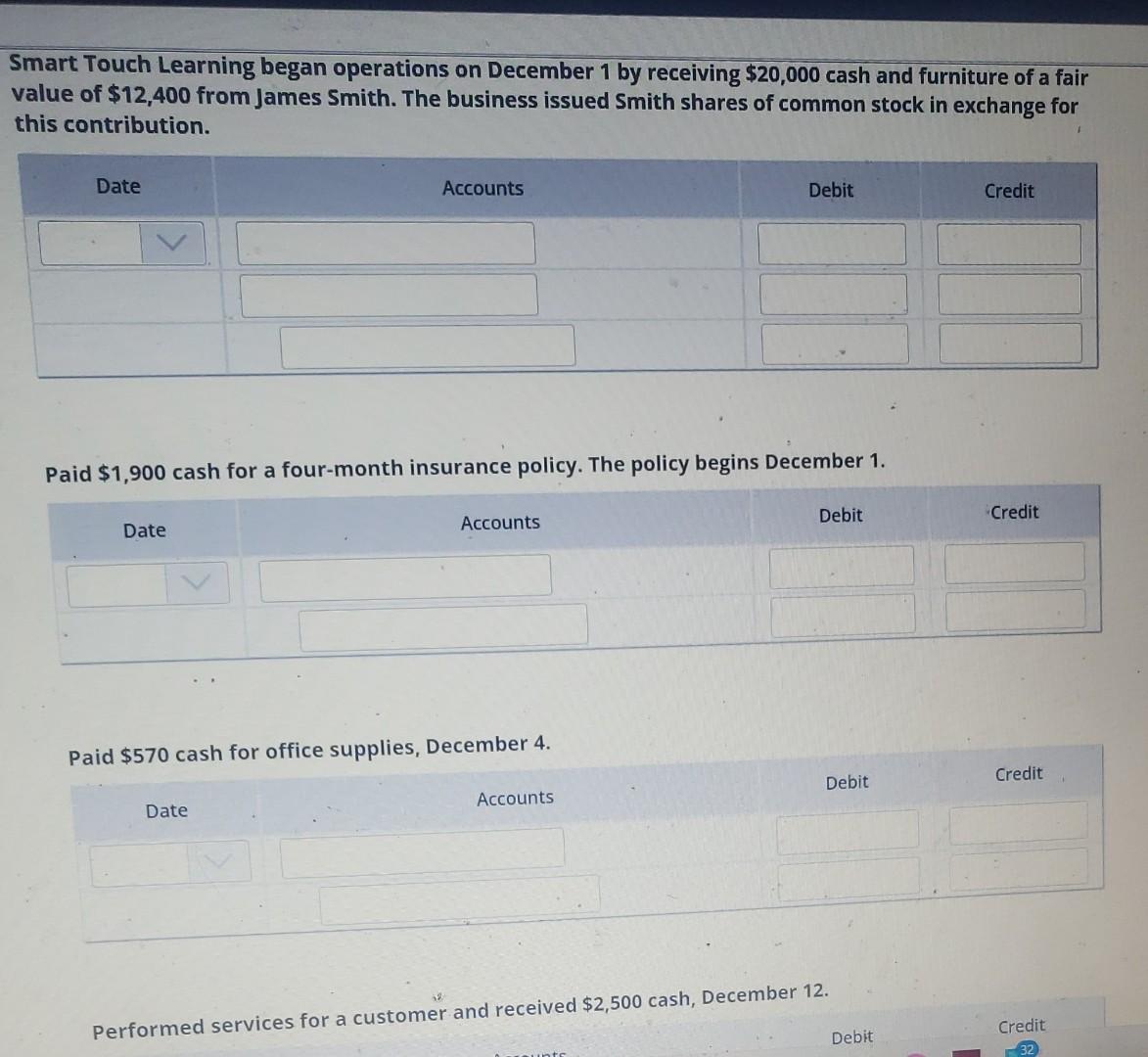 Smart Touch Learning began operations on December 1 by receiving $20,000 cash