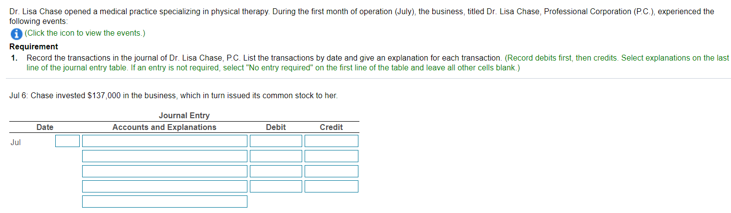 Dr. Lisa Chase opened a medical practice specializing in physical therapy. During