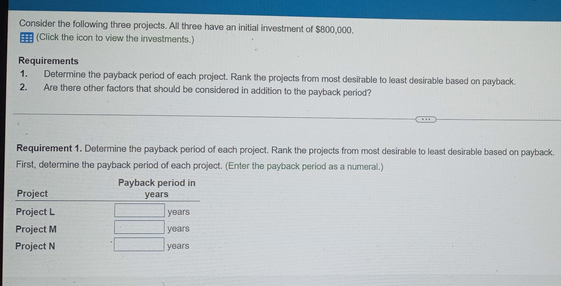 Consider the following three projects. All three have an initial investment of