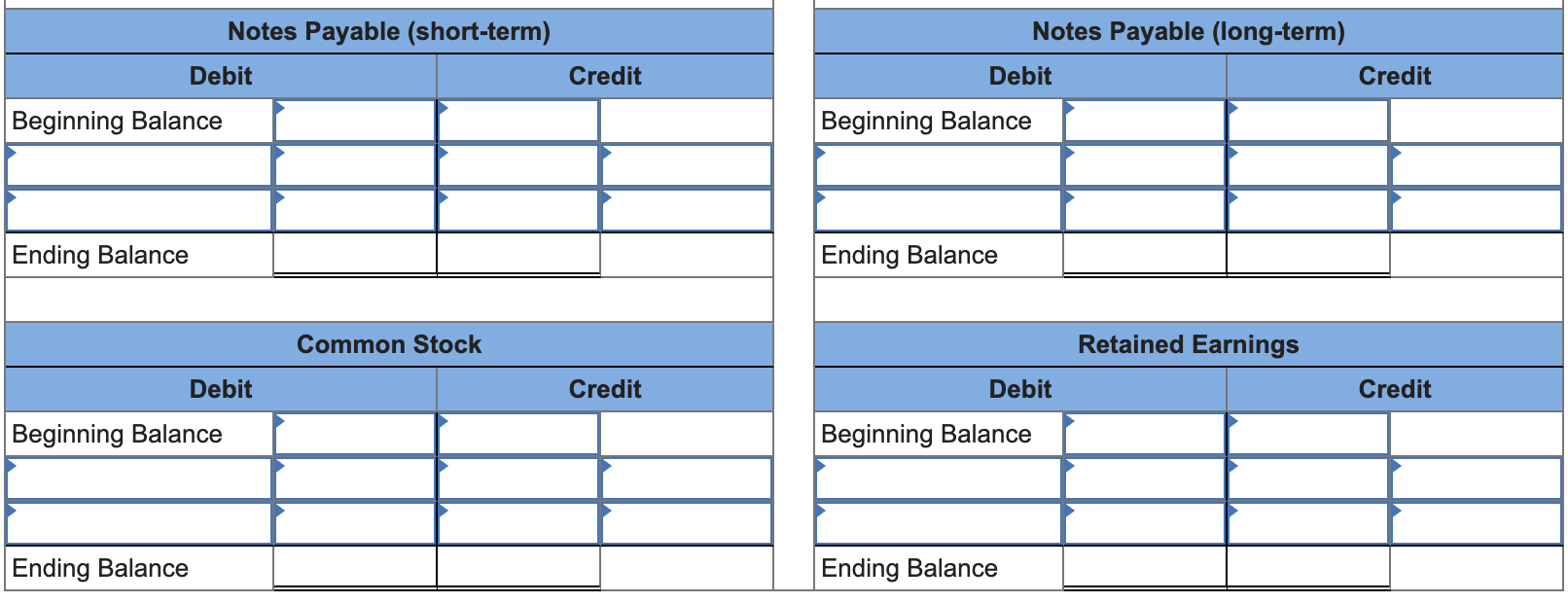 Notes Payable (short-term) Debit Beginning Balance Ending Balance Credit Notes Payable (long-term)
