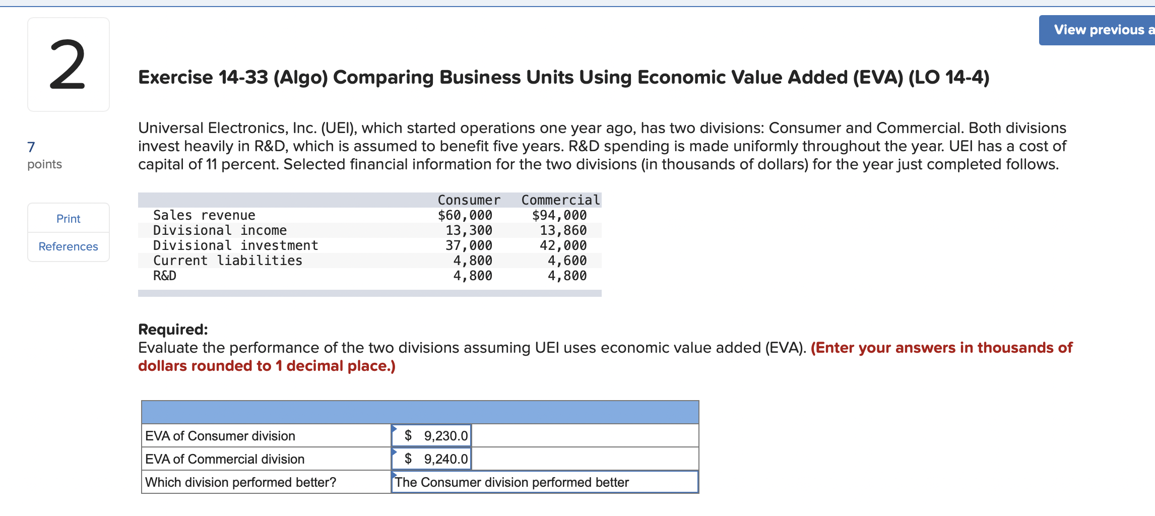 2 7 points Exercise 14-33 (Algo) Comparing Business Units Using Economic Value