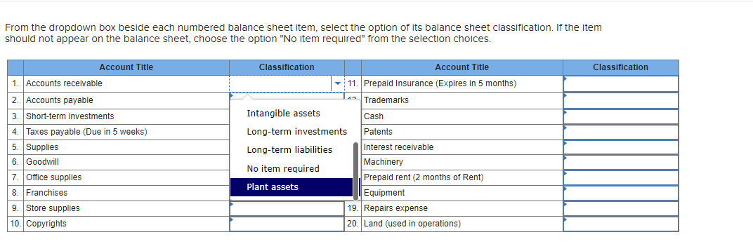 From the dropdown box beside each numbered balance sheet Item, select the