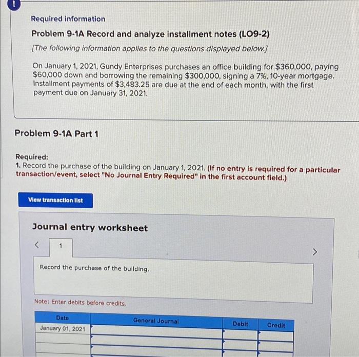 Required information Problem 9-1A Record and analyze installment notes (LO9-2) [The following