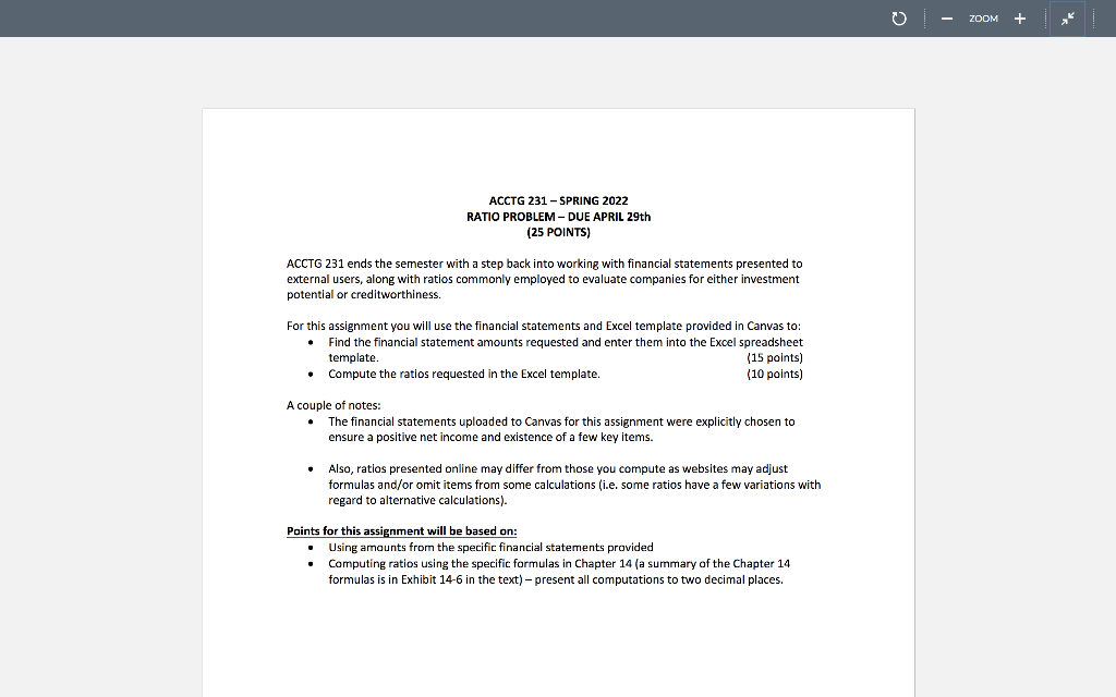 ACCTG 231-SPRING 2022 RATIO PROBLEM - DUE APRIL 29th (25 POINTS) ACCTG