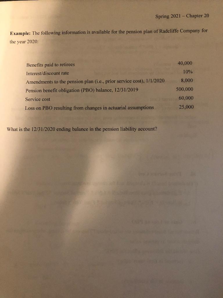 Spring 2021 Chapter 20 Example: The following information is available for the